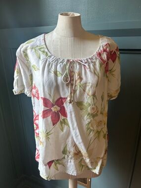Hot Cotton White Floral Peasant Top with Red & Green Blooms